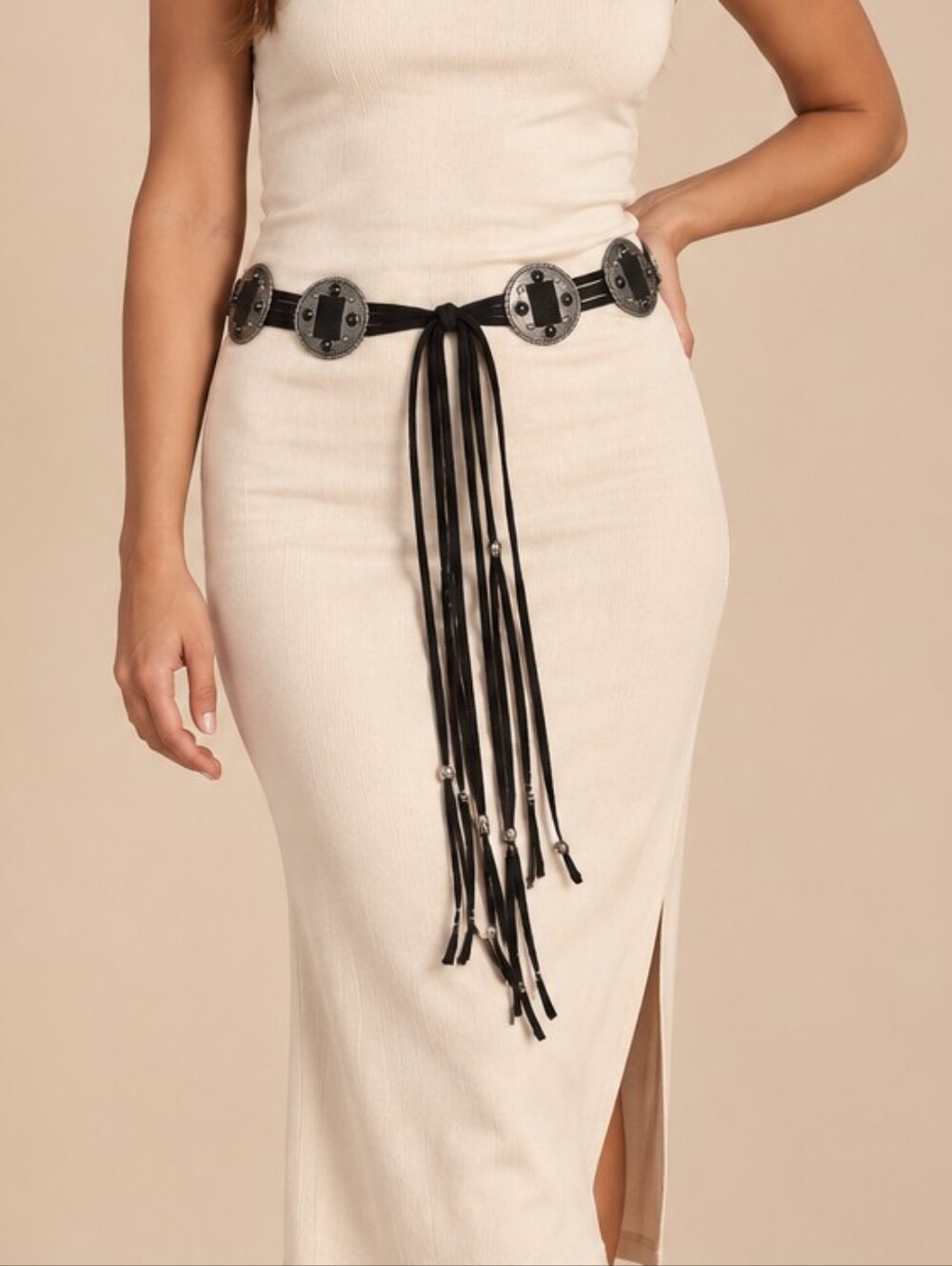 Black Faux Suede Concho Tassel Tie Belt Boho Western One Size